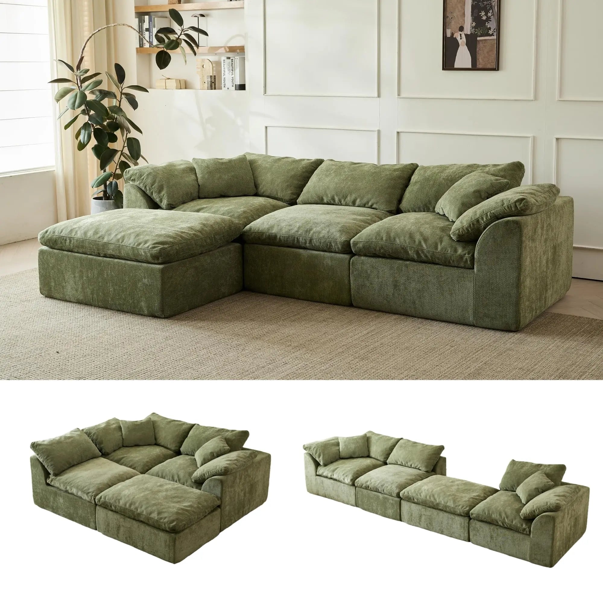 109" Modern Cloud L-Shaped 3-Seater Oversized Deep Seat Chenille Fabric Sofa Green Modular Sectional with Ottoman
