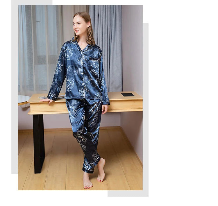 Spring Autumn Pajama Women Silk Satin Pajamas Set Long Sleeve Shirt with Trouser Sleepwear Loungewear Female Pajamas Suits Mujer