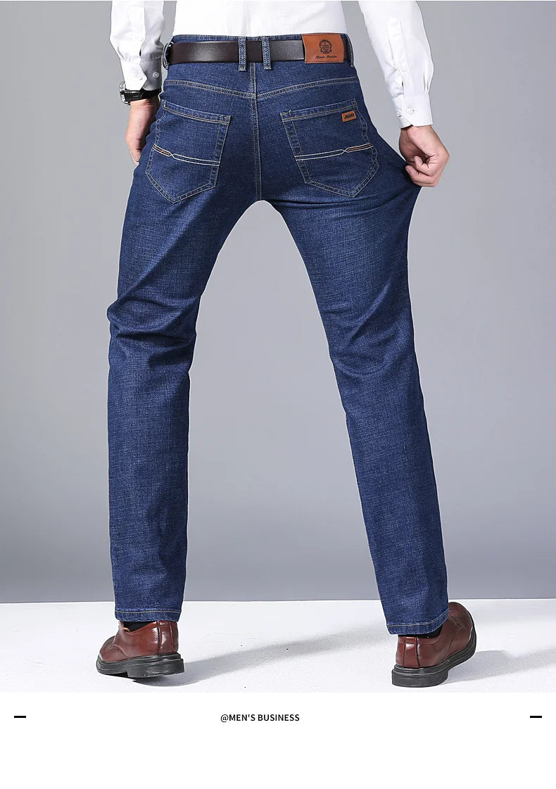 Men's Soft Straight Denim Pants 2025 Autumn Classic Business Black Biker Jeans Overalls