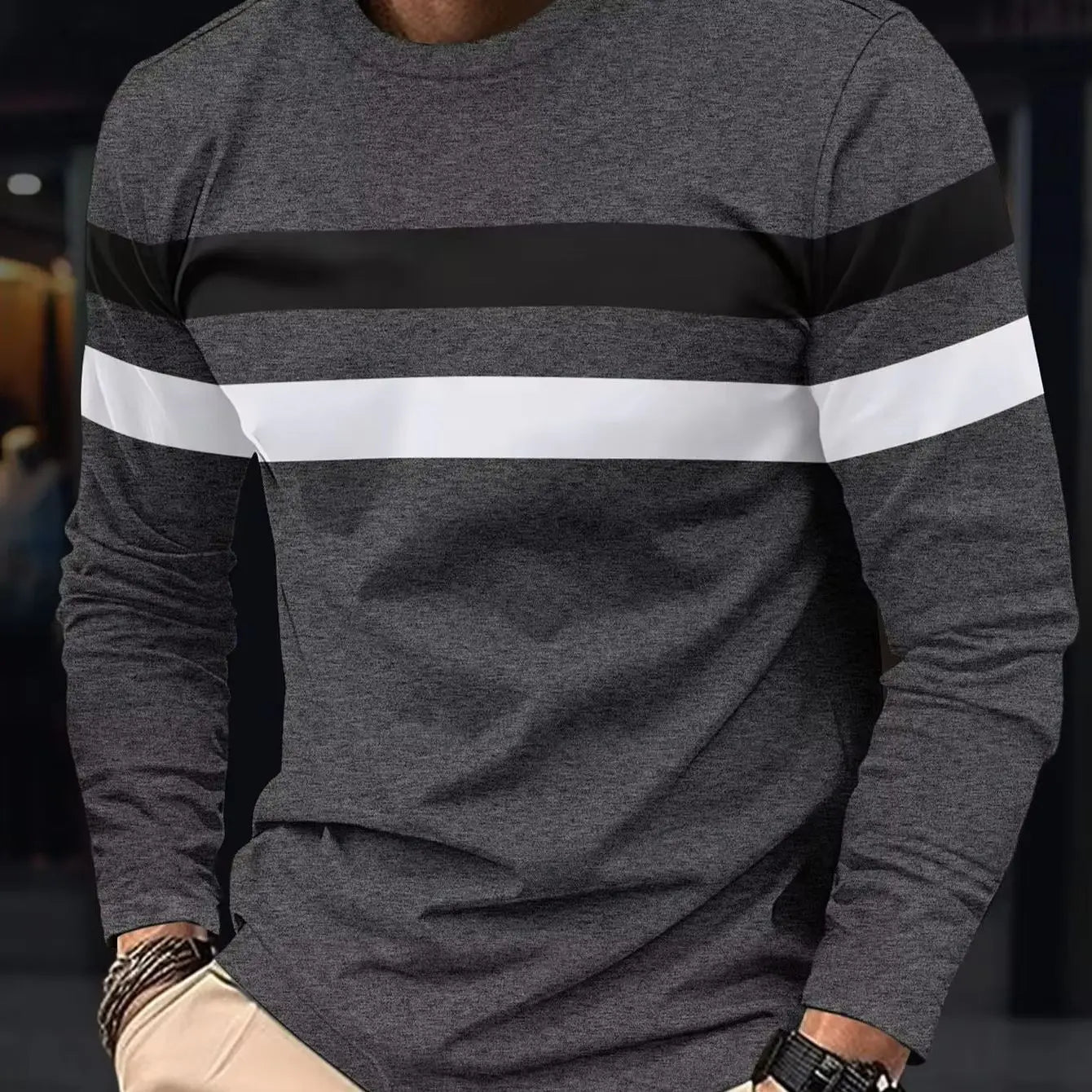 2025 Autumn/Winter Fashion Men's Long Sleeve Round Neck Splicing T-shirt Business Anti-Wrinkle Street Wear Casual Top