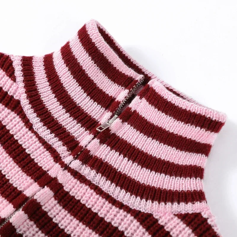 Women's Panelled Striped Zipper Knit Sweater Turtleneck Full Sleeve Coat 2026 Spring Autumn Female Casual Outings Daily Matching