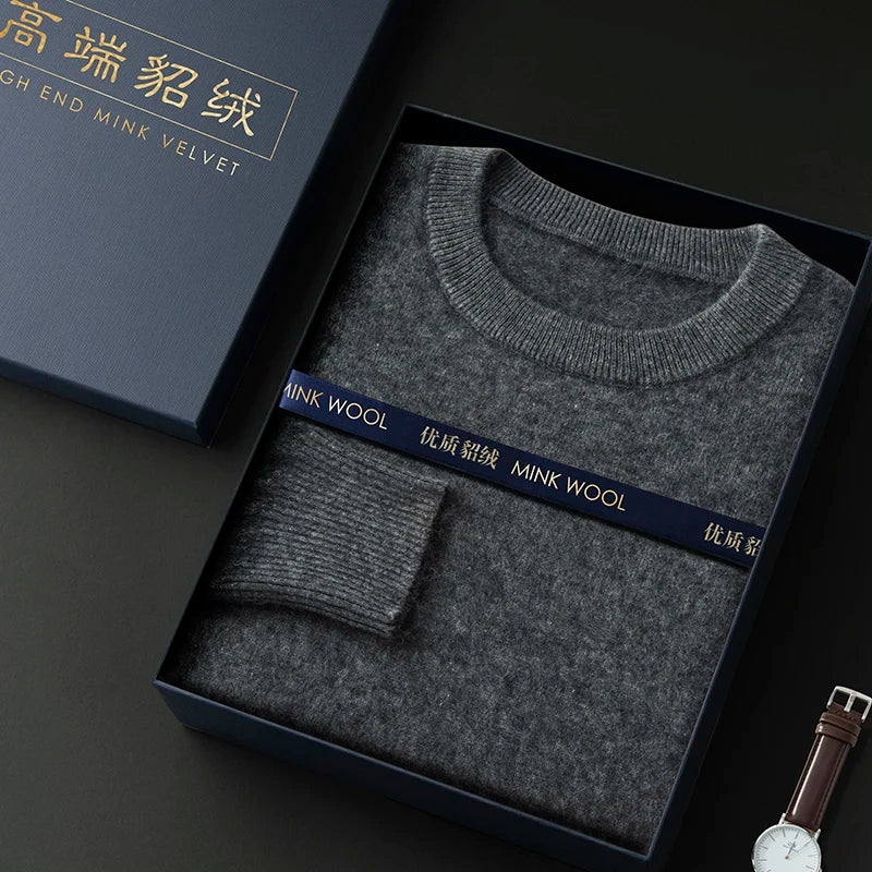100% Pure Mink Cashmere Men's Round Neck Sweater for Autumn Winter, Casual Knitted Long Sleeved Pullover Sweater Men's Clothing