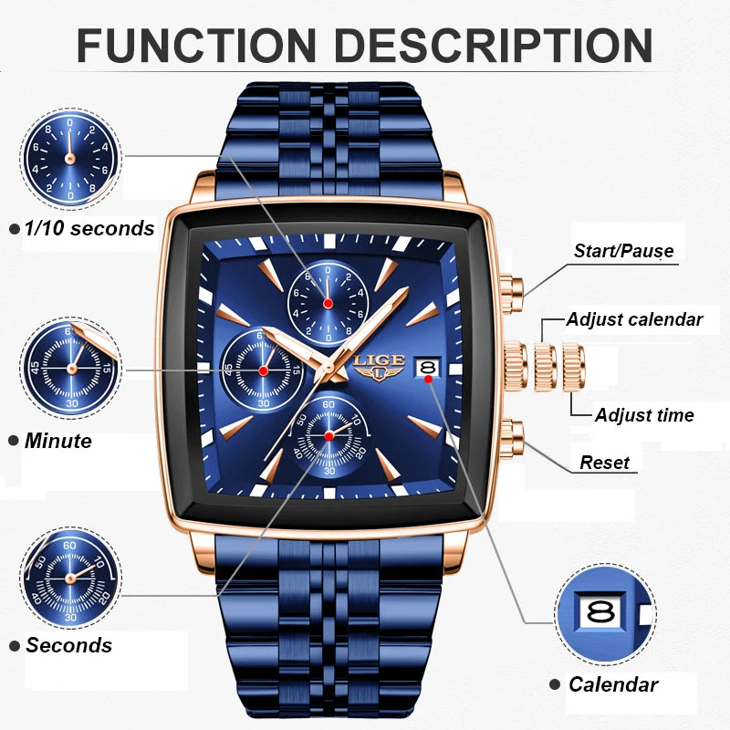 LIGE Top Brand Luxury Men's Watches Fashion Military Square Chronograph Quartz Wristwatches for Men Sports Waterproof Watch