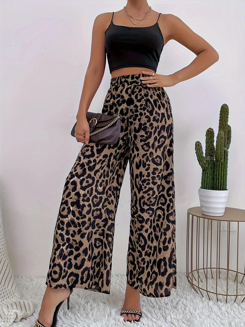 2025 Summer Temperament Leopard Print Casual Pants for Women, Elastic Waistband, Wide Leg