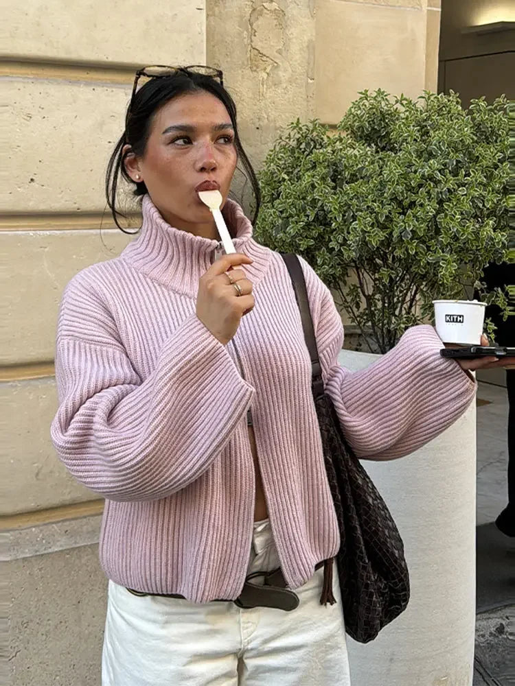 Women's Panelled Striped Zipper Knit Sweater Turtleneck Full Sleeve Coat 2026 Spring Autumn Female Casual Outings Daily Matching