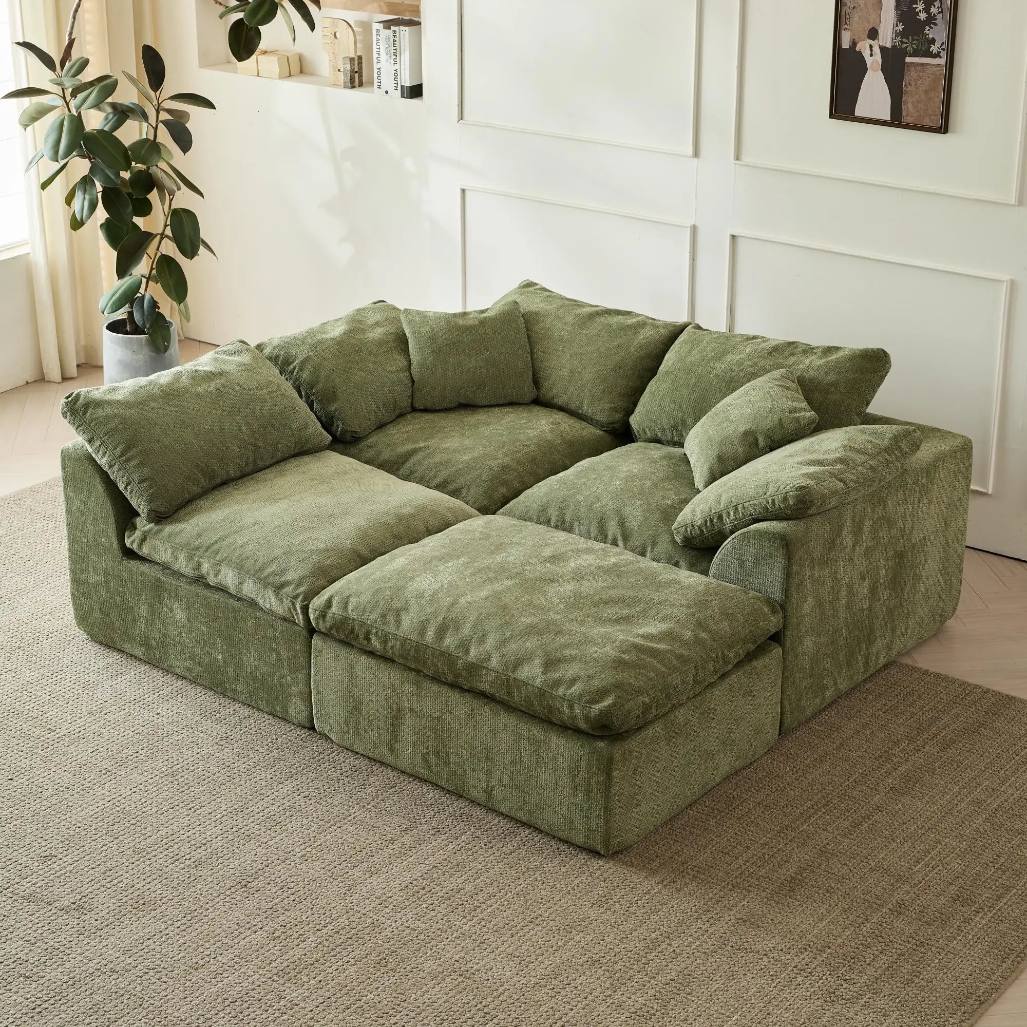 109" Modern Cloud L-Shaped 3-Seater Oversized Deep Seat Chenille Fabric Sofa Green Modular Sectional with Ottoman