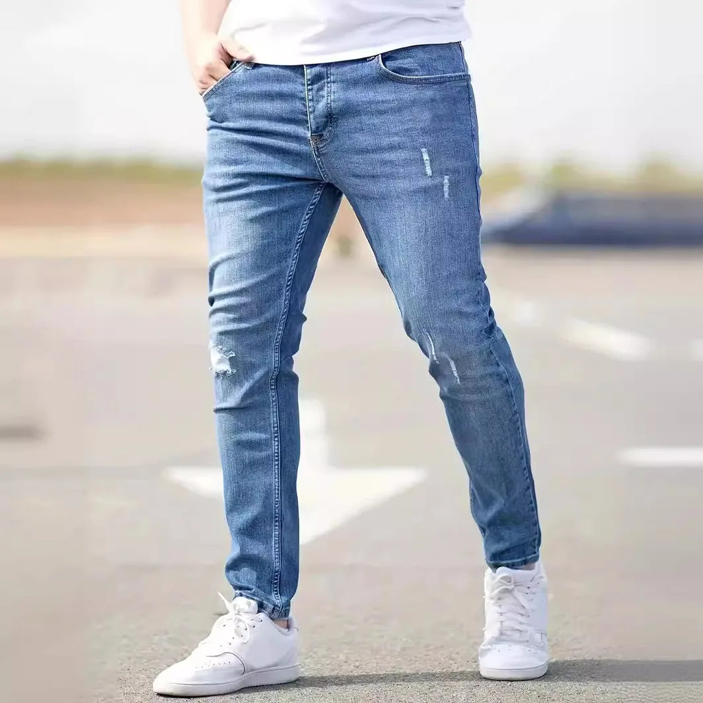 New Men's Elastic Slim Fit Jeans - Classic Ripped Cat Whiskers Casual Denim Pants - Black