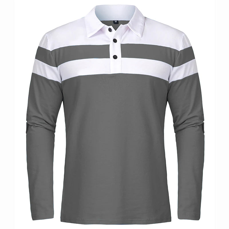 Men's Long Sleeve Casual Cotton Patchwork Collared Shirt Autumn Striped Pullover Streetwear Golf Button Polo Shirts