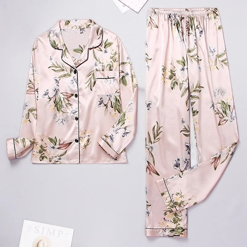 Spring Autumn Pajama Women Silk Satin Pajamas Set Long Sleeve Shirt with Trouser Sleepwear Loungewear Female Pajamas Suits Mujer
