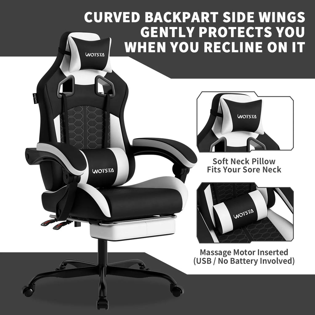 WOTSTA Gaming Chair with Footrest, Lumbar Support, Adjustable Height, Swivel Seat, Headrest, For Office or Gaming