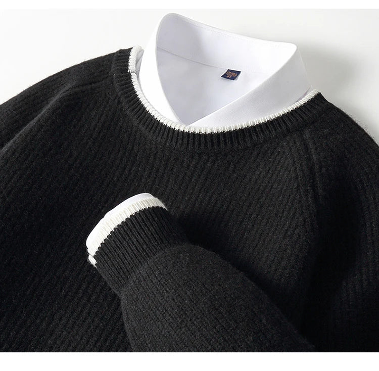 100% Pure Wool Men's Round Neck Thick Pullover Sweater - Youth Knitted Cashmere Sweater with Bottom