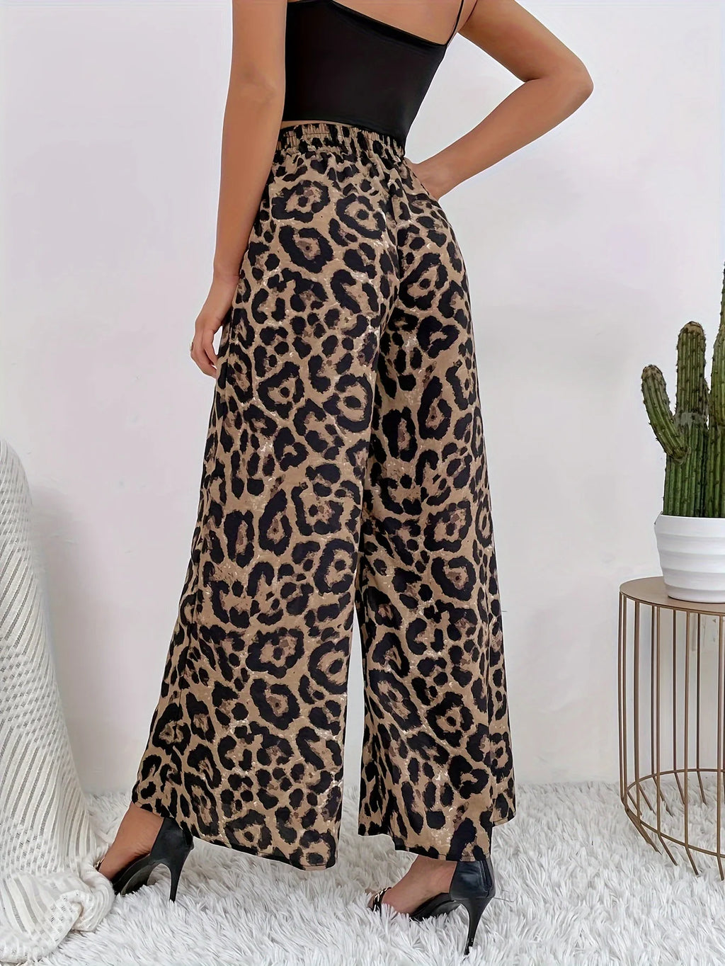2025 Summer Temperament Leopard Print Casual Pants for Women, Elastic Waistband, Wide Leg