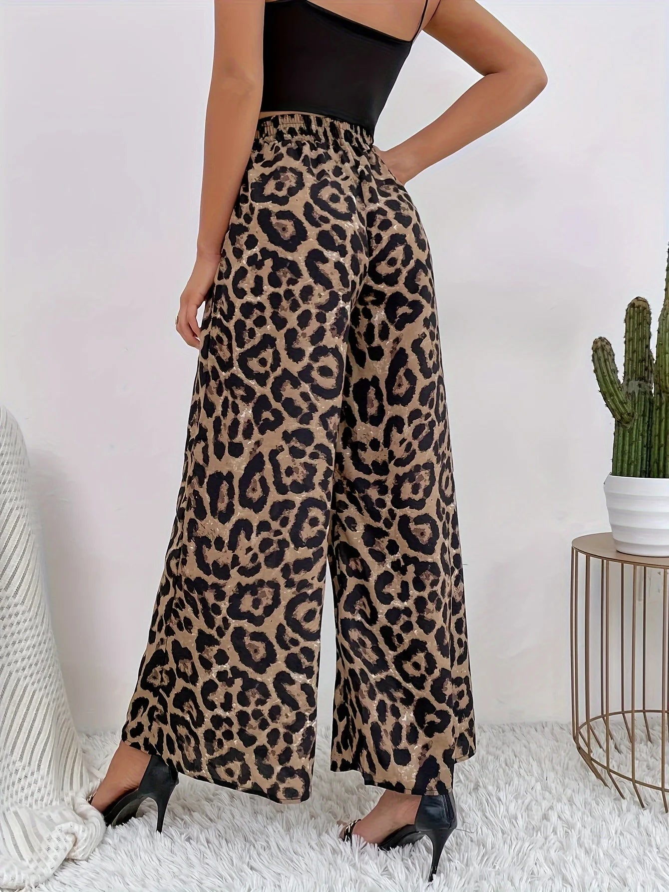 2025 Summer Temperament Leopard Print Casual Pants for Women, Elastic Waistband, Wide Leg