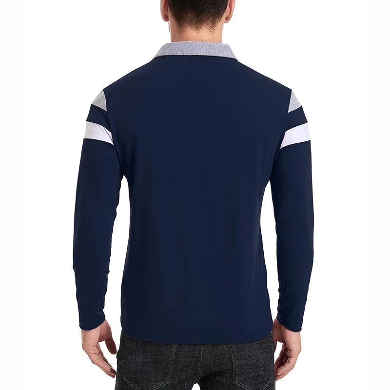 Men's Long Sleeve Casual Cotton Patchwork Collared Shirt Autumn Striped Pullover Streetwear Golf Button Polo Shirts