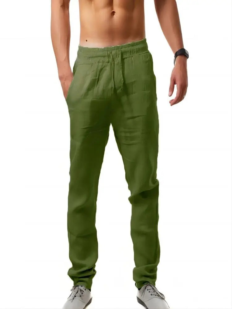 Men's Cotton Linen Pants Loose Cool Casual Long Pants Elastic Waist Lightweight Trousers