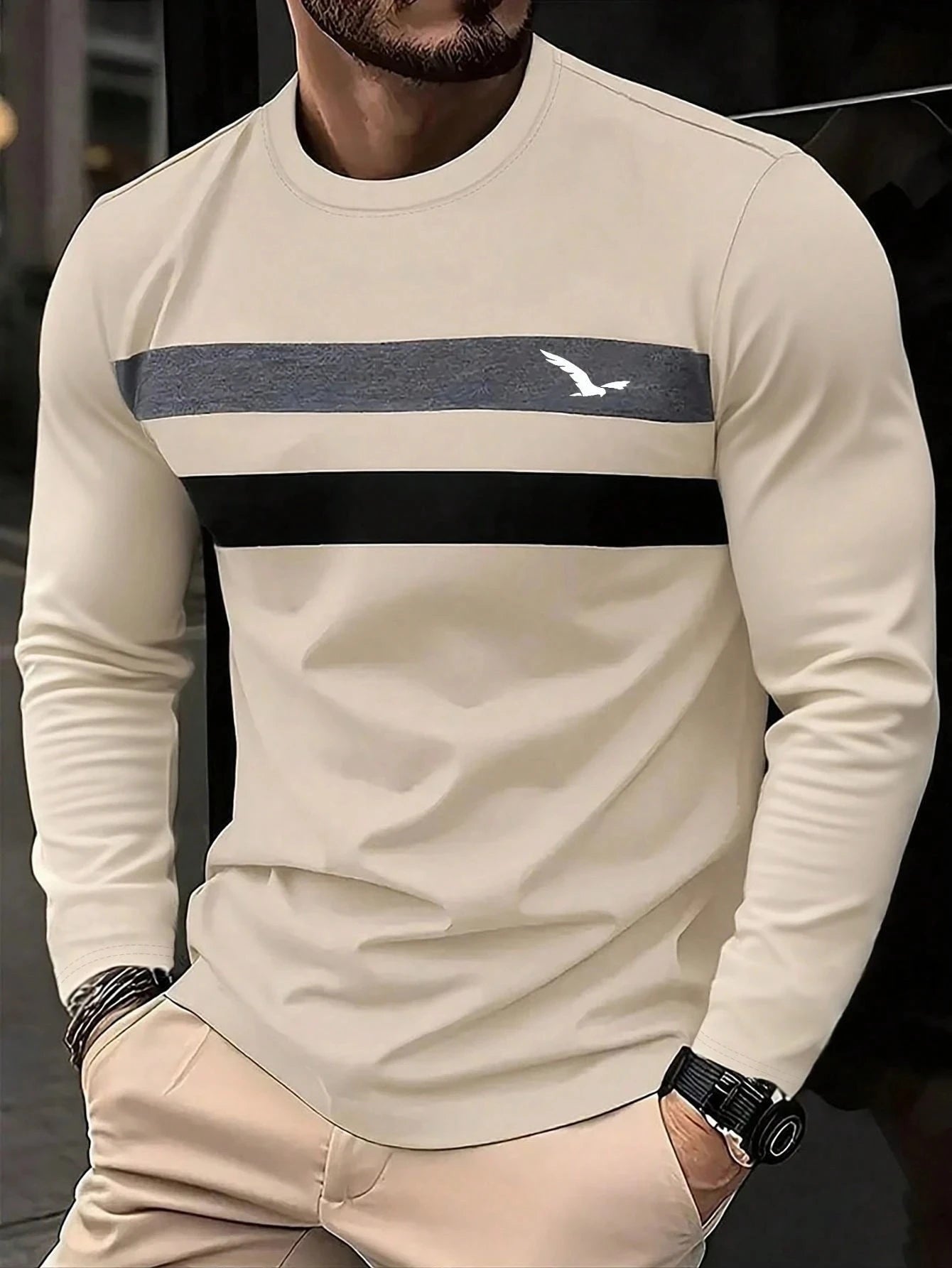 Autumn New Contrast Color Business Casual Round Neck Men Long Sleeve T-Shirt Oversized Shirt Men's Clothing Pullover New In Tops