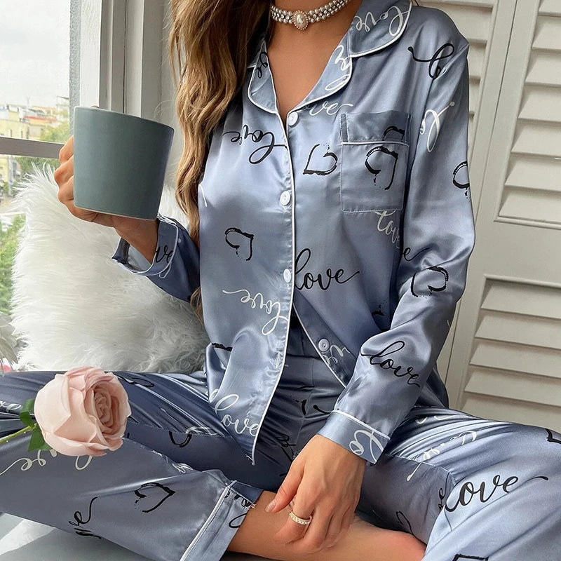 Spring Autumn Pajama Women Silk Satin Pajamas Set Long Sleeve Shirt with Trouser Sleepwear Loungewear Female Pajamas Suits Mujer