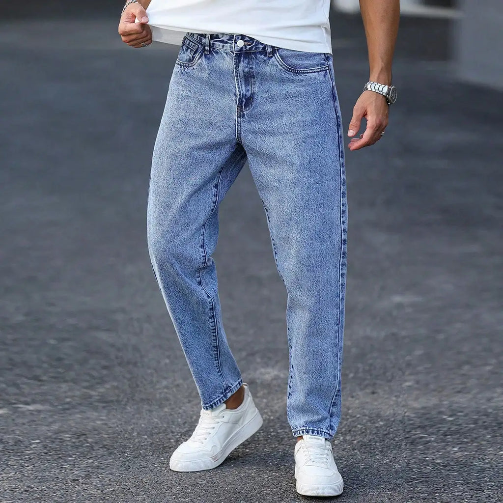 Men's Light Blue Washed Denim Trousers - Slim Fit and Casual
