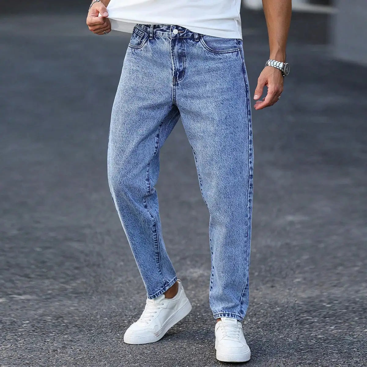 Men's Light Blue Washed Denim Trousers - Slim Fit and Casual