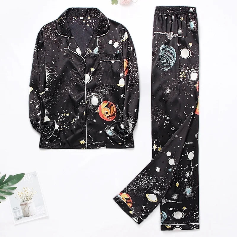 Spring Autumn Pajama Women Silk Satin Pajamas Set Long Sleeve Shirt with Trouser Sleepwear Loungewear Female Pajamas Suits Mujer