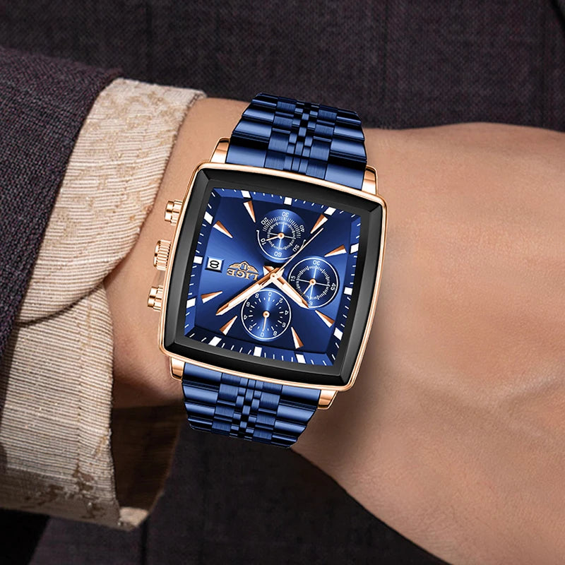 LIGE Top Brand Luxury Men's Watches Fashion Military Square Chronograph Quartz Wristwatches for Men Sports Waterproof Watch