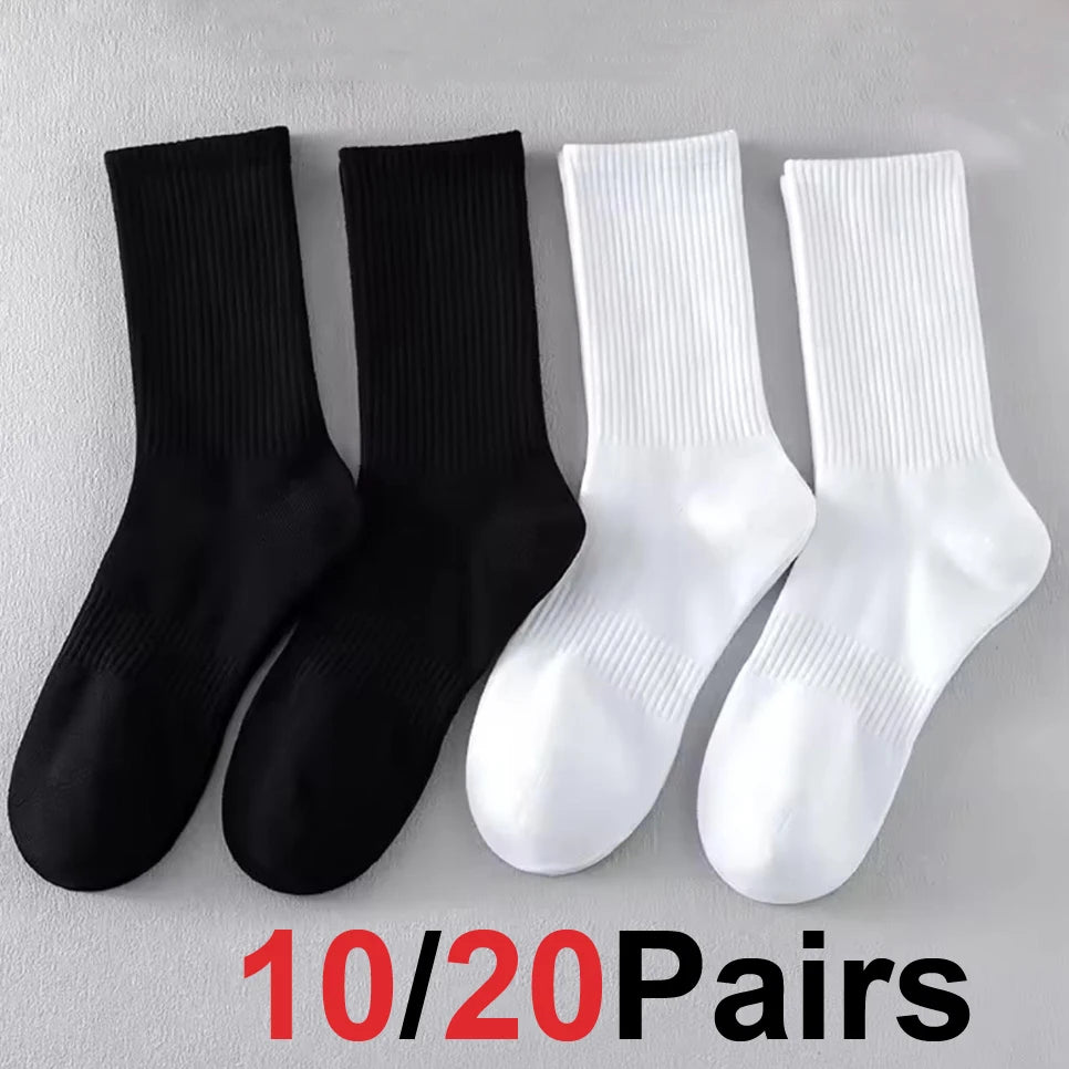 20 Pairs Pure Cotton Men's High Socks Classic Black White Breathable Sweat-Absorbent Warm Elastic Sports Socks