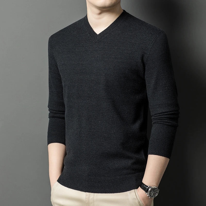 Men's V-Neck Basic Solid Color Sweatshirt Warm Autumn Knitted Oversize Pullover Elastic Round Neck Sweater for Casual Wear