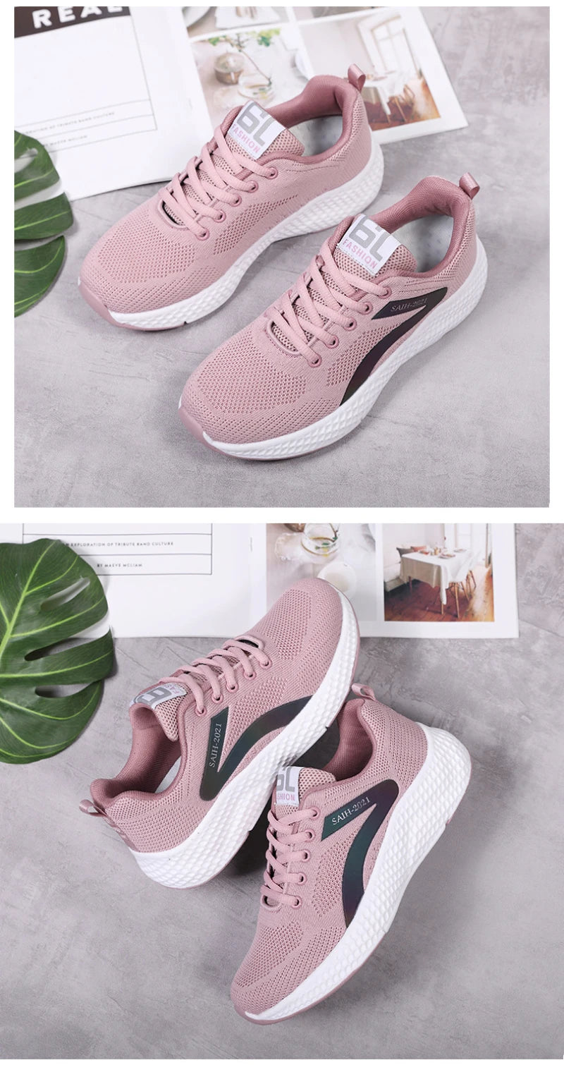 Women's Sports Shoes Comfortable Running Shoes Flying Knit Versatile Lace-Up Casual Shoes For Women Breathable And Fashionable