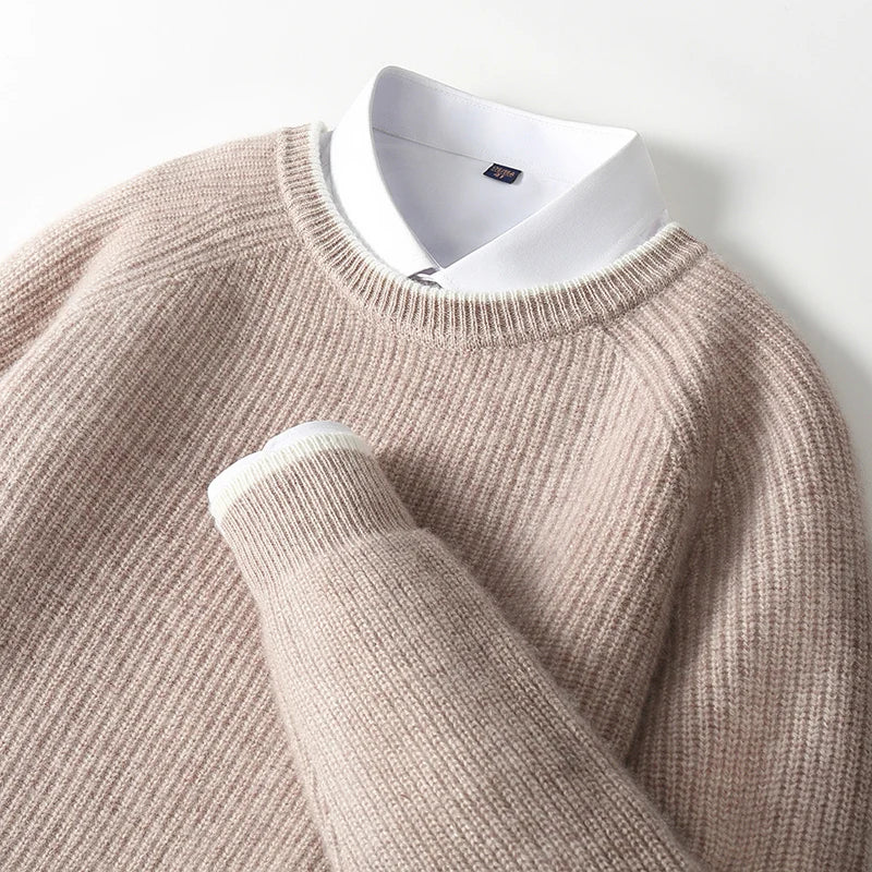 100% Pure Wool Men's Round Neck Thick Pullover Sweater - Youth Knitted Cashmere Sweater with Bottom