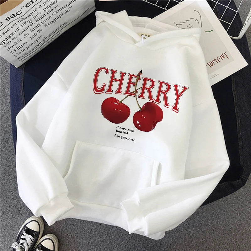 Girls 2000s Cherry Love Long Sleeve Pocket Hoodies Funny Gothic Sweatshirt Women's Print Casual Hoody Streetwear Y2k Clothes