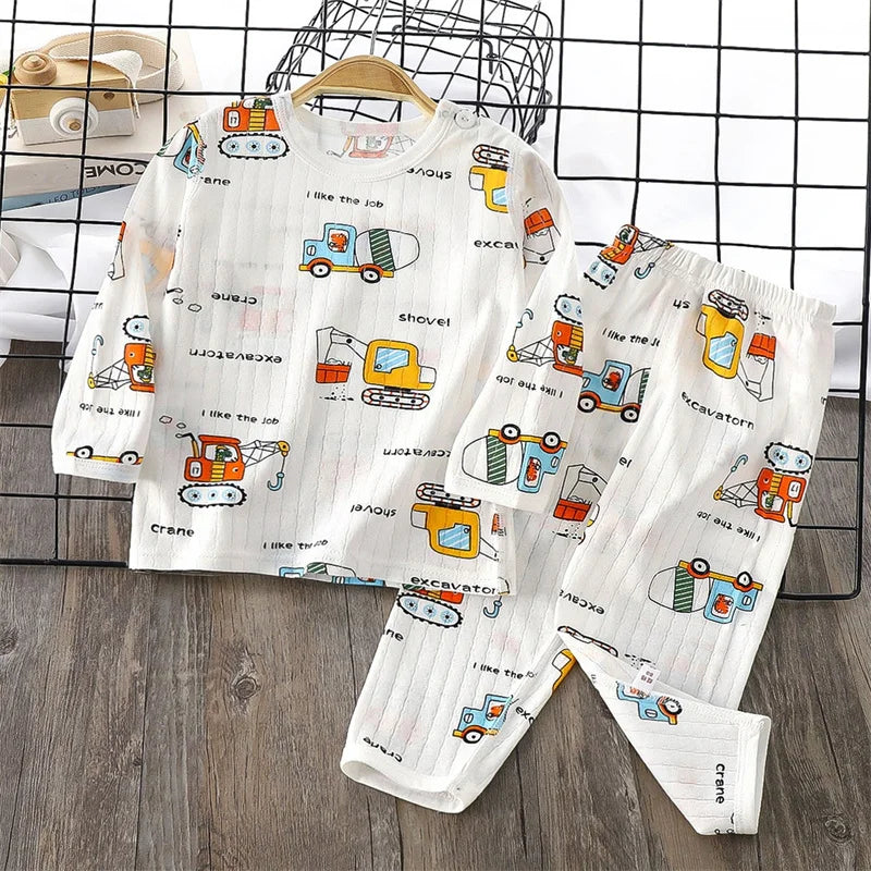 Top+Pants 2-Piece Set Breathable Soft Cotton Pajamas for Children Boys Girls Baby Summer Cartoon Long Sleeve Home Sleepwear Set 1-6Y