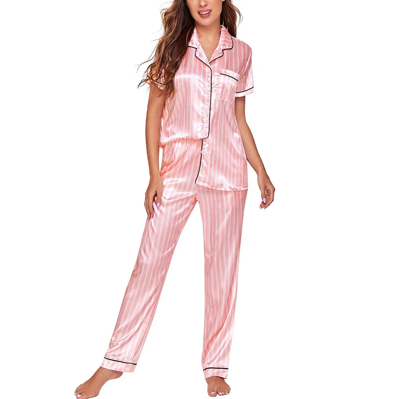 Spring Autumn Pajama Women Silk Satin Pajamas Set Long Sleeve Shirt with Trouser Sleepwear Loungewear Female Pajamas Suits Mujer
