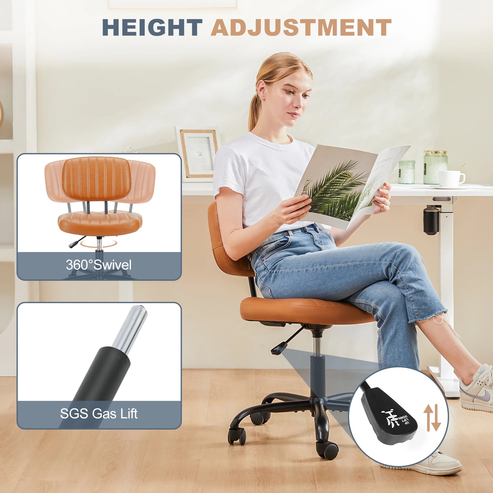 JHK Armless Office Desk Chair with Back Lumbar Support, Height Adjustable PU Leather Computer Chair with 360° Swivel Rolling Wheels