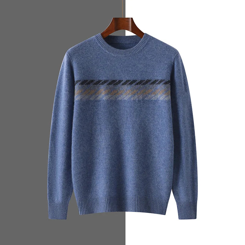 Autumn Winter New Round Neck 100% Cashmere Sweater for Men - Loose Thickened Casual Color Block Pullover Knitted Base Shirt