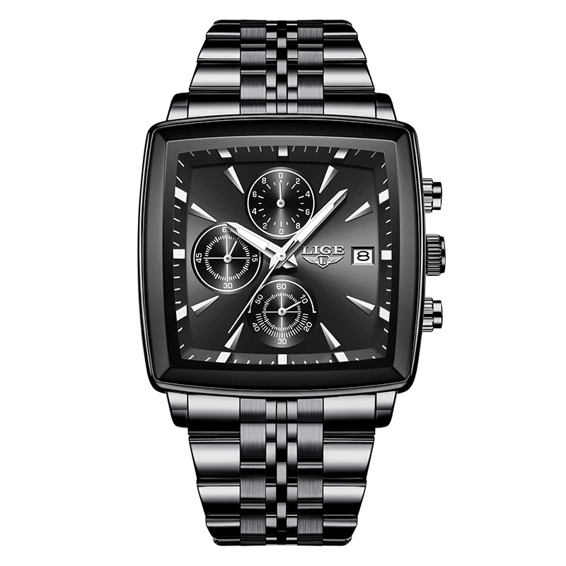 LIGE Top Brand Luxury Men's Watches Fashion Military Square Chronograph Quartz Wristwatches for Men Sports Waterproof Watch