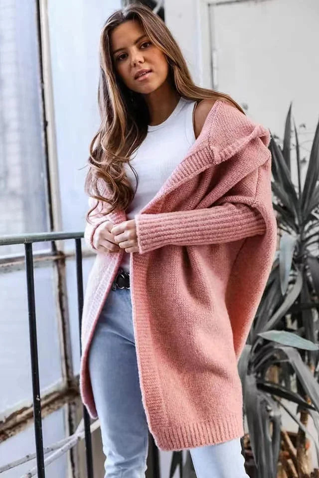 2024 Autumn Winter Cozy Chic Hooded Cardigan Women's Casual Knit Sweater Coat Elegant Batwing Sleeve Pocket Long Jacket Jumpers
