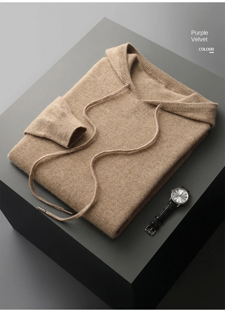 Men's Cashmere One-piece Ready-to-wear Hoodie - 100% Merino Wool Knitted Sweatshirt for Autumn and Winter