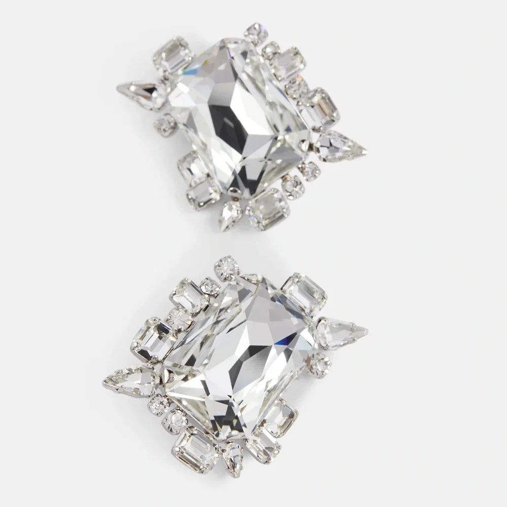 Designer Rhinestone Irregular Large Square Ear Clips for Women Bling