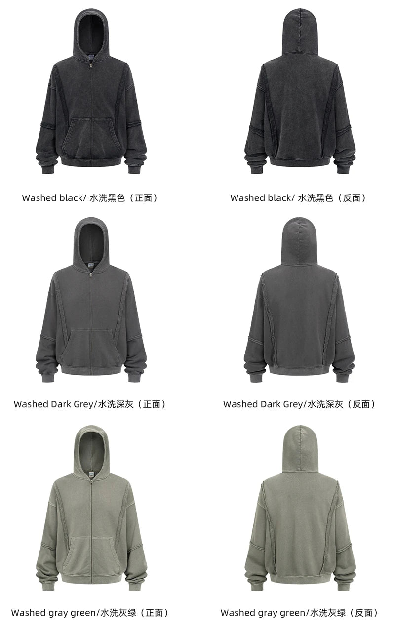 ZODF Retro Winter Man 430gsm Zipper Cotton Hoodies Unisex Heavy Weight Washed Loose Edge Zip-up Hooded Coats HY1125