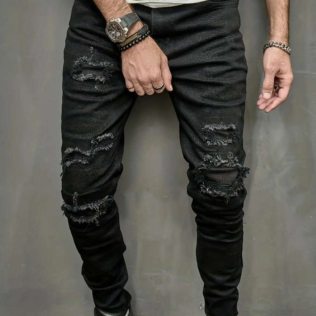 Men's Slim Fit Jeans with Torn Holes and Fabric Patch