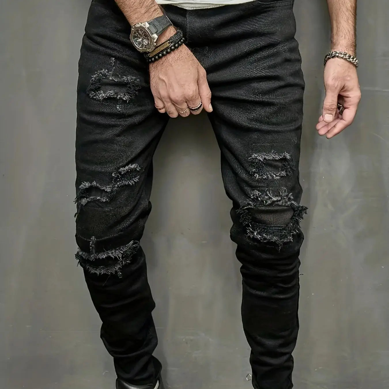 Men's Slim Fit Jeans with Torn Holes and Fabric Patch