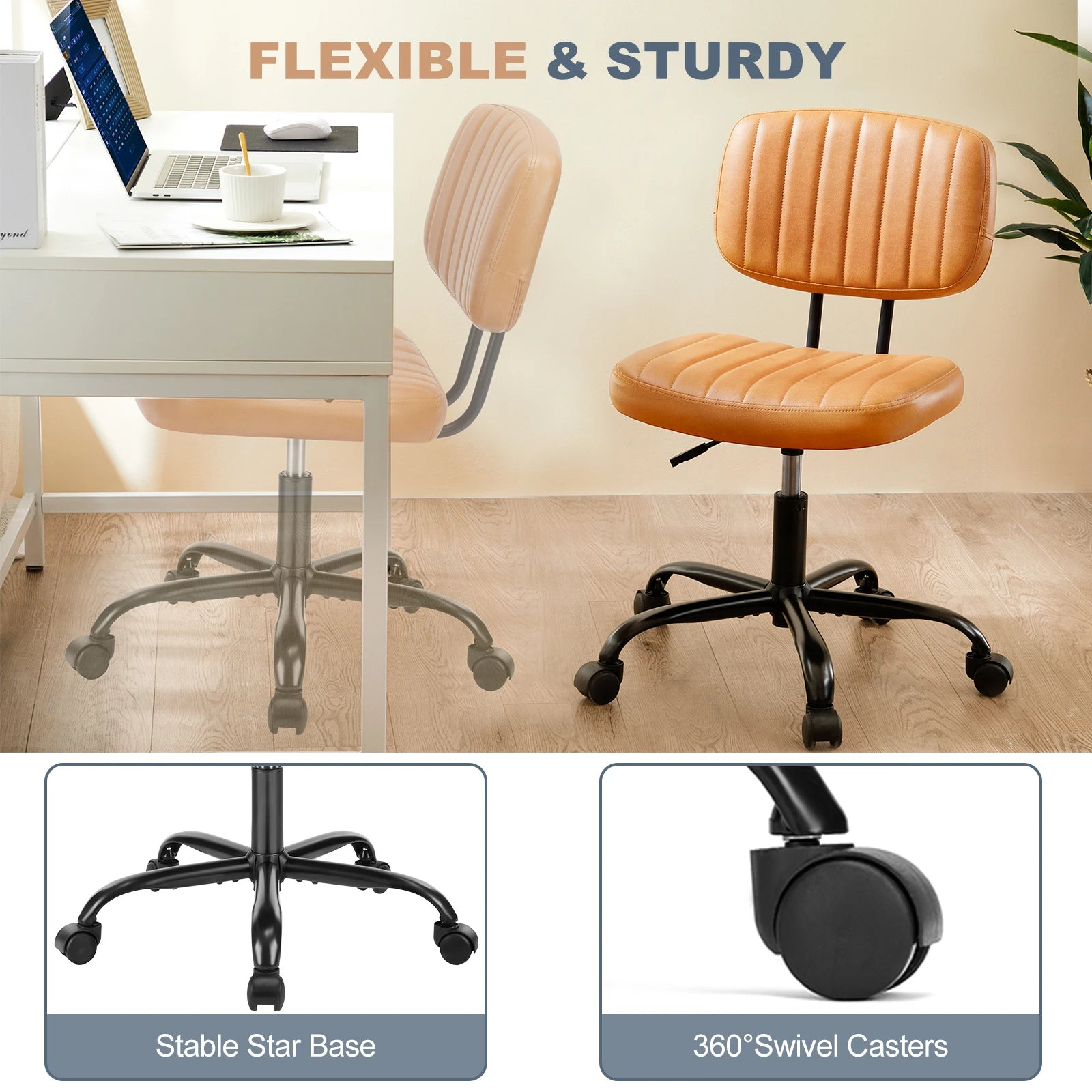 JHK Armless Office Desk Chair with Back Lumbar Support, Height Adjustable PU Leather Computer Chair with 360° Swivel Rolling Wheels