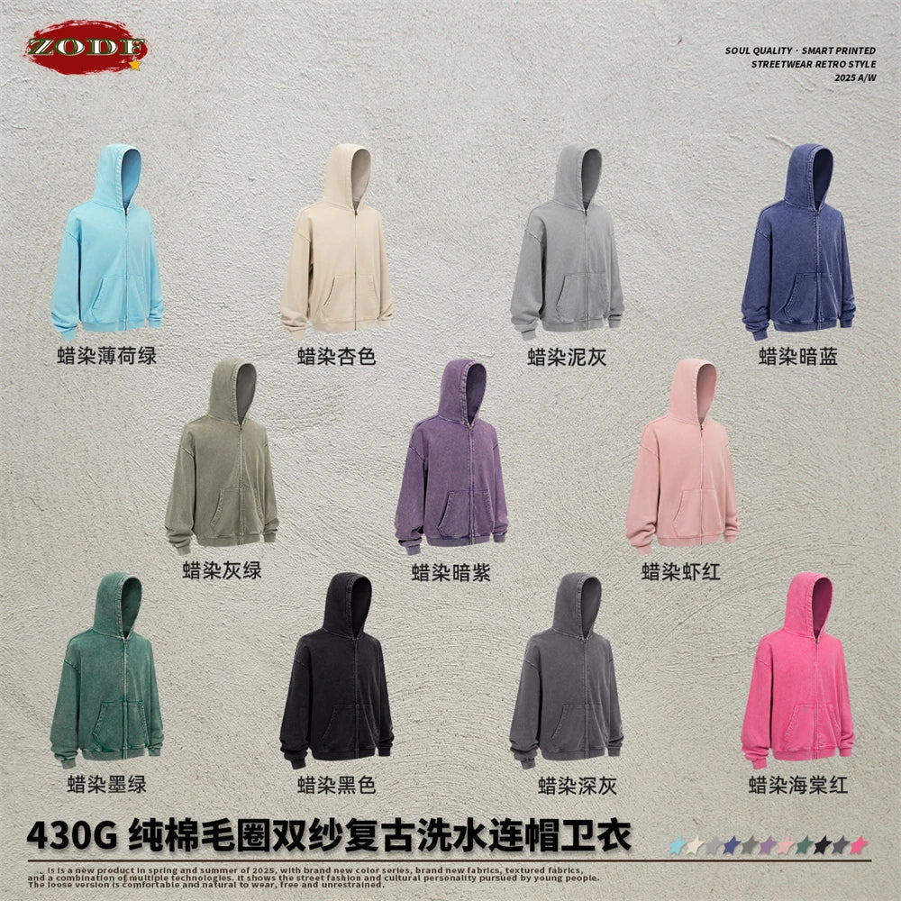 ZODF Trendy Batik Washed 430gsm Man's Zipper Hoodies Unisex Solid Loose Distressed Terry 100% Cotton Hooded Coats HY1159