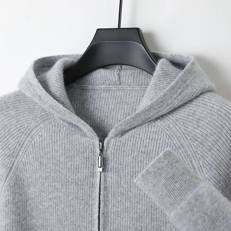 Men's 100% Merino Wool Hooded Zipper Cardigan - Autumn Winter Thick Knit Large Size Jacket Long Sleeved Sportswear Coat
