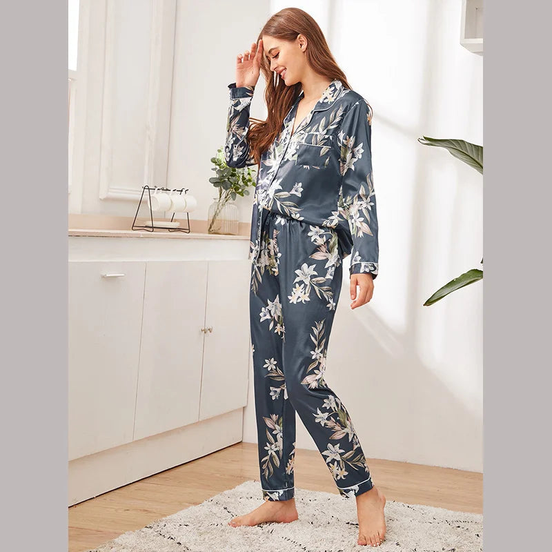Spring Autumn Pajama Women Silk Satin Pajamas Set Long Sleeve Shirt with Trouser Sleepwear Loungewear Female Pajamas Suits Mujer