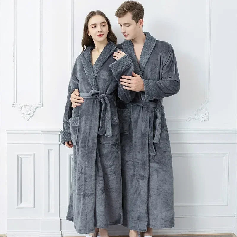 Women's Autumn and Winter Warm Long Coral Velvet Thick Couple Bathrobes for Men and Women - Pajamas and Shower Robes with Bath Towels for Adults
