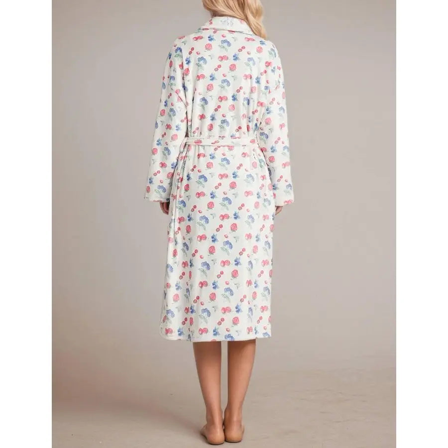 Fleece Floral Fruit Print Bathrobe Valentine Robe Soft Flannel Lounge Robe Cute Lightweight Gown with Belt