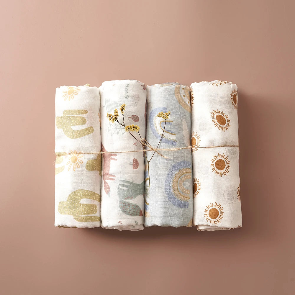 Elinfant 100% Cotton 4PCS Muslin Swaddle Blankets,120*110cm Bamboo Cotton Newborn Baby Bath Towel Wrap