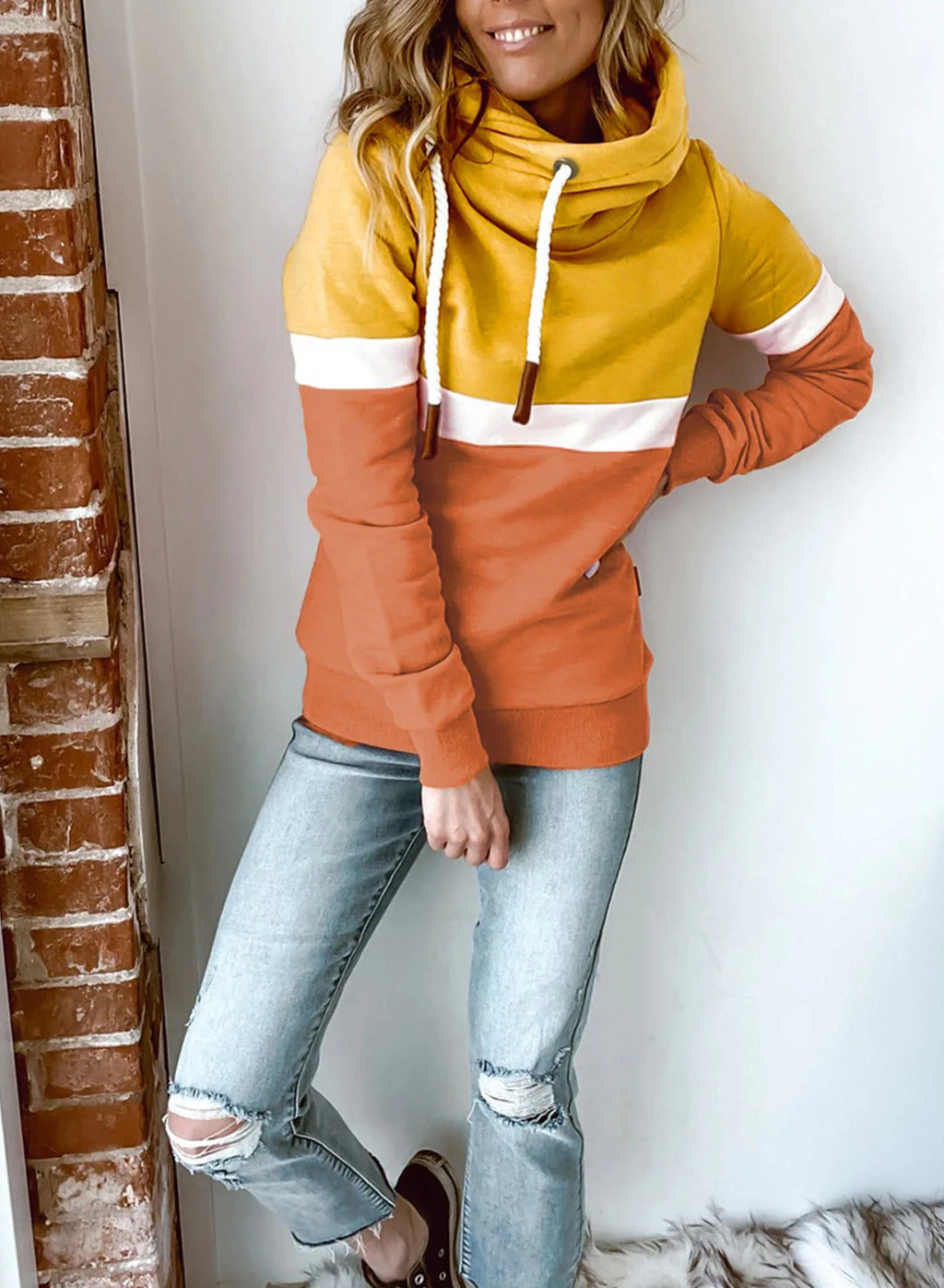 Women's 2024 New Autumn and Winter Solid Color Stitching Casual High Collar Hooded Sweatshirt