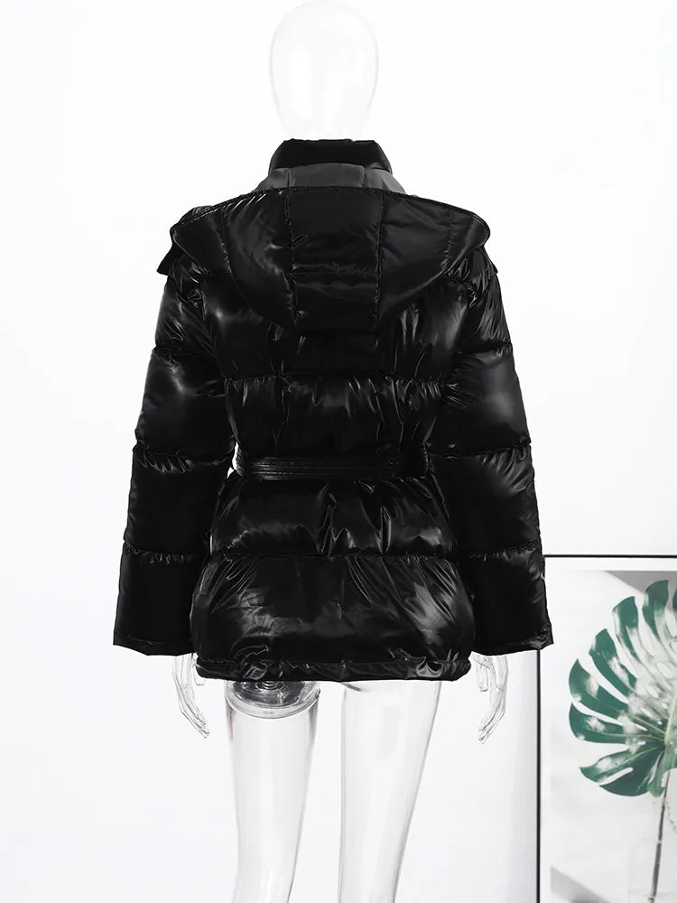 Chic Women's Shiny Pink Hooded Puffer Jacket Oversized Longline Winter Cotton-Padded Coat Fashion Warm Down Outerwear for Women
